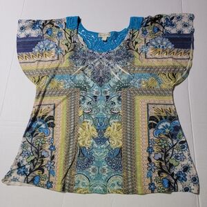 Live & Let Live Shirt Women Medium Blue Top Slimming Cap Sleeve Embellished‎